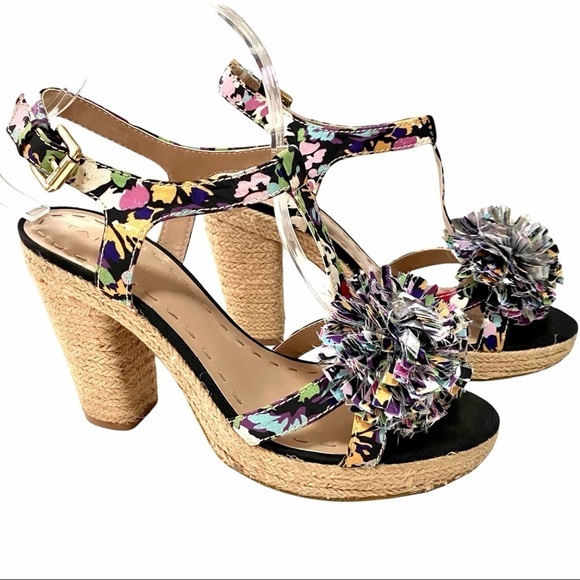 TAHARI Bangle Espadrille Sandals 7.5M Floral Print Jute Spring Summer Festival - Picture 1 of 15